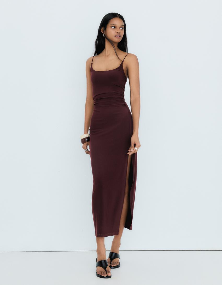 Robe Midi À Bretelles Froncée
