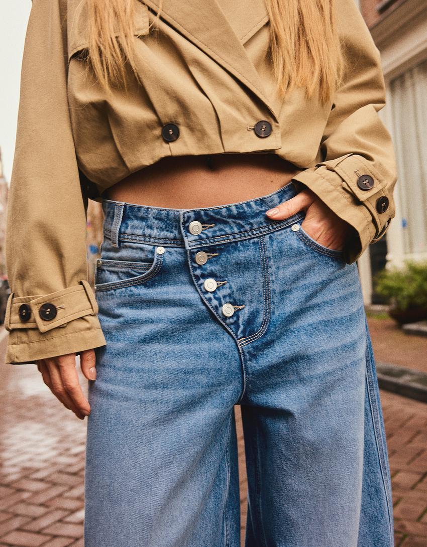 Jeans Wide Leg Barrel Taille Basse Boutons Frontaux