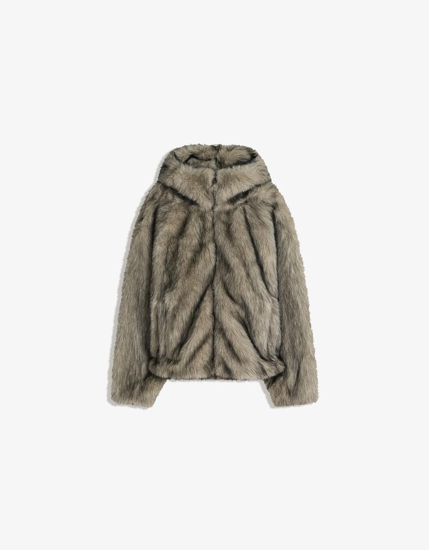 BLOUSON FAUSSE FOURRURE À CAPUCHE