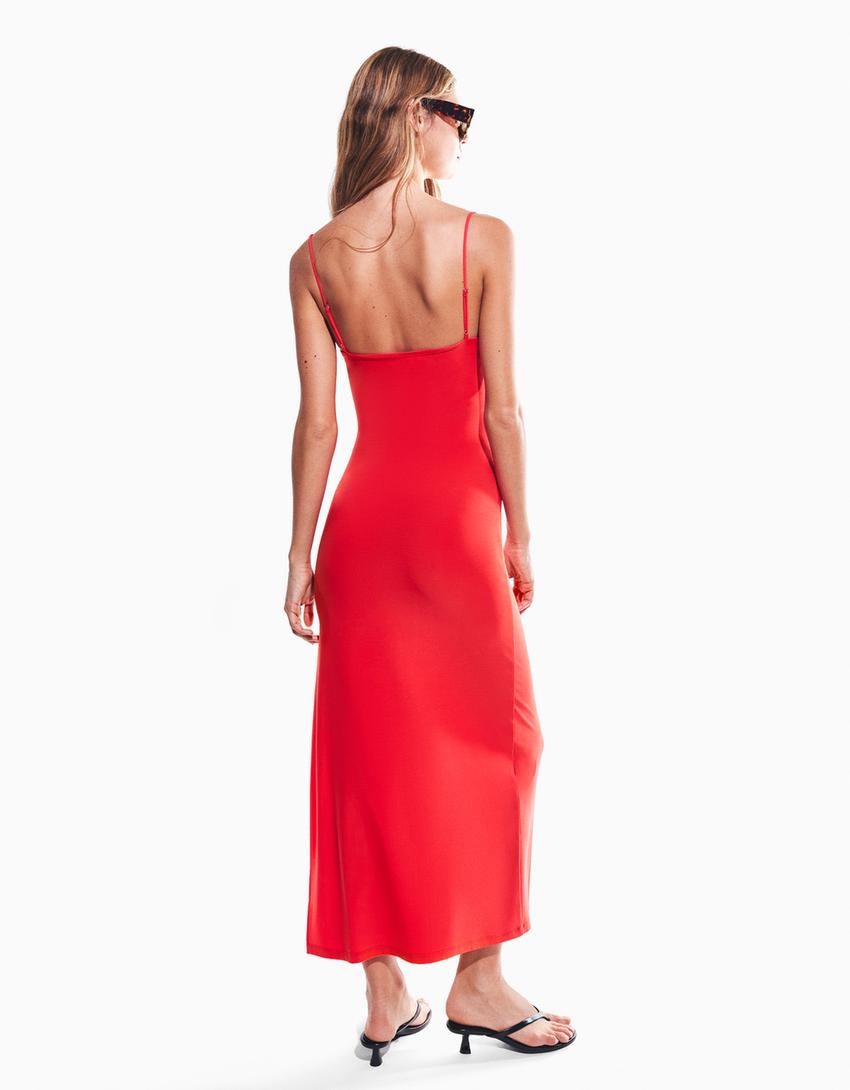 Robe Midi À Bretelles Froncée