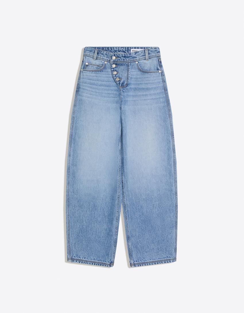 Jeans Wide Leg Barrel Taille Basse Boutons Frontaux