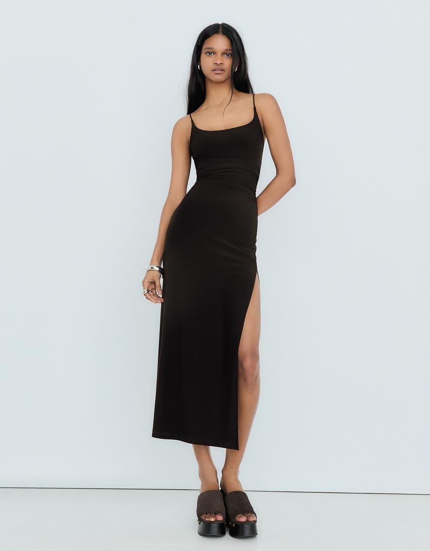 Robe Midi À Bretelles Froncée