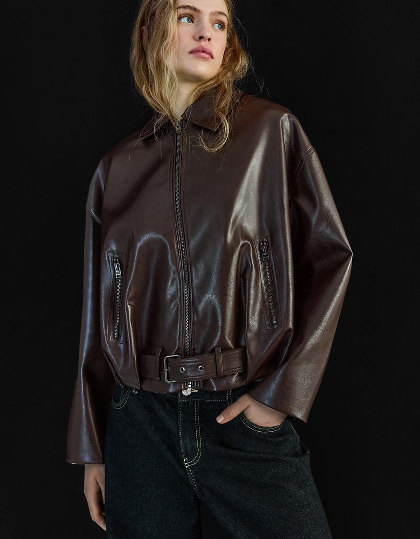 Blouson Bomber Similicuir Ceinture