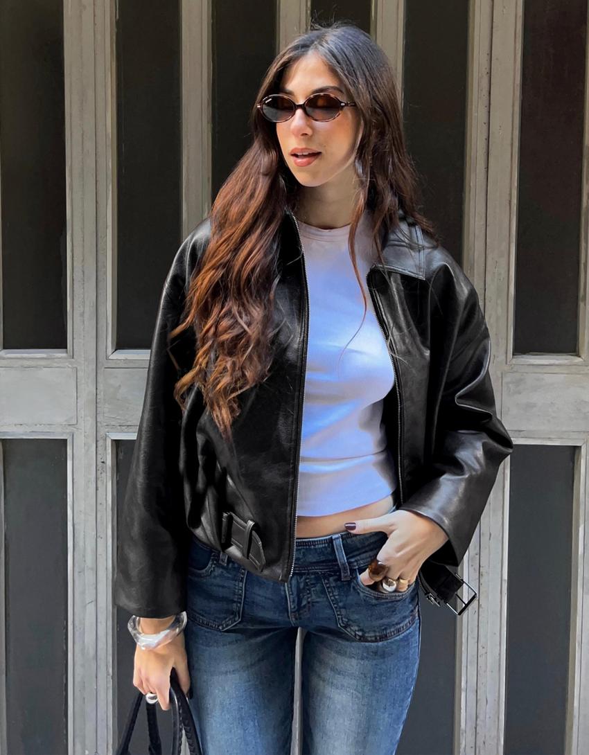 Blouson Bomber Similicuir Ceinture