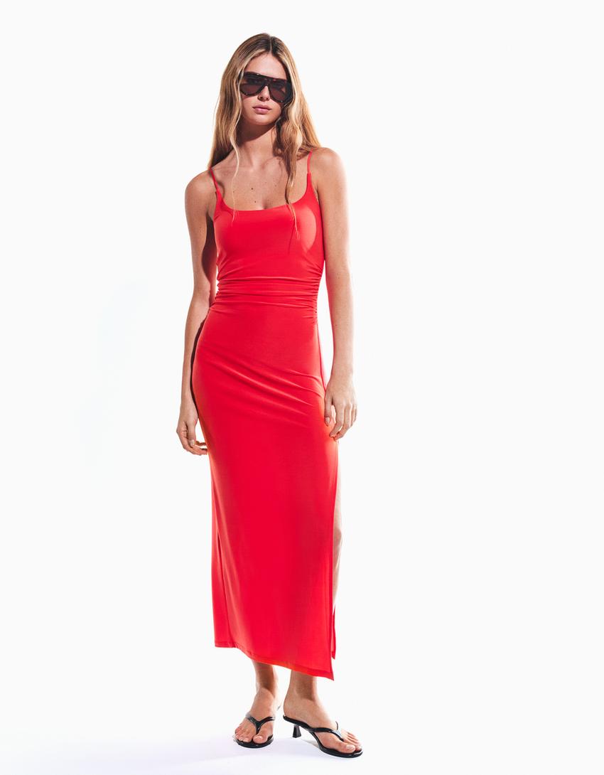 Robe Midi À Bretelles Froncée