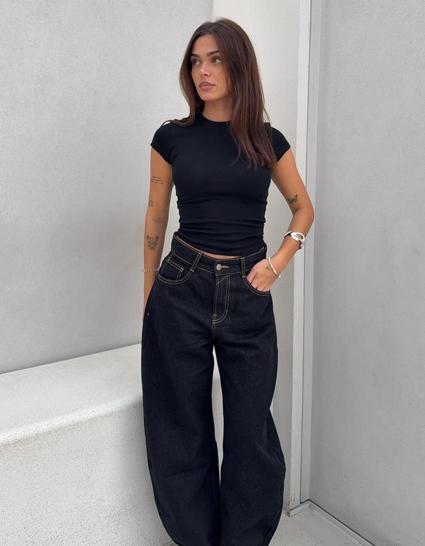 Jeans Wide Leg Barrel Taille Haute