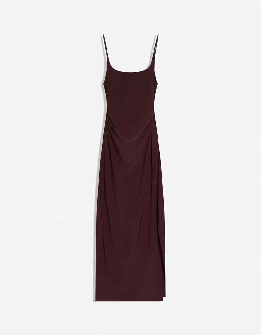 Robe Midi À Bretelles Froncée