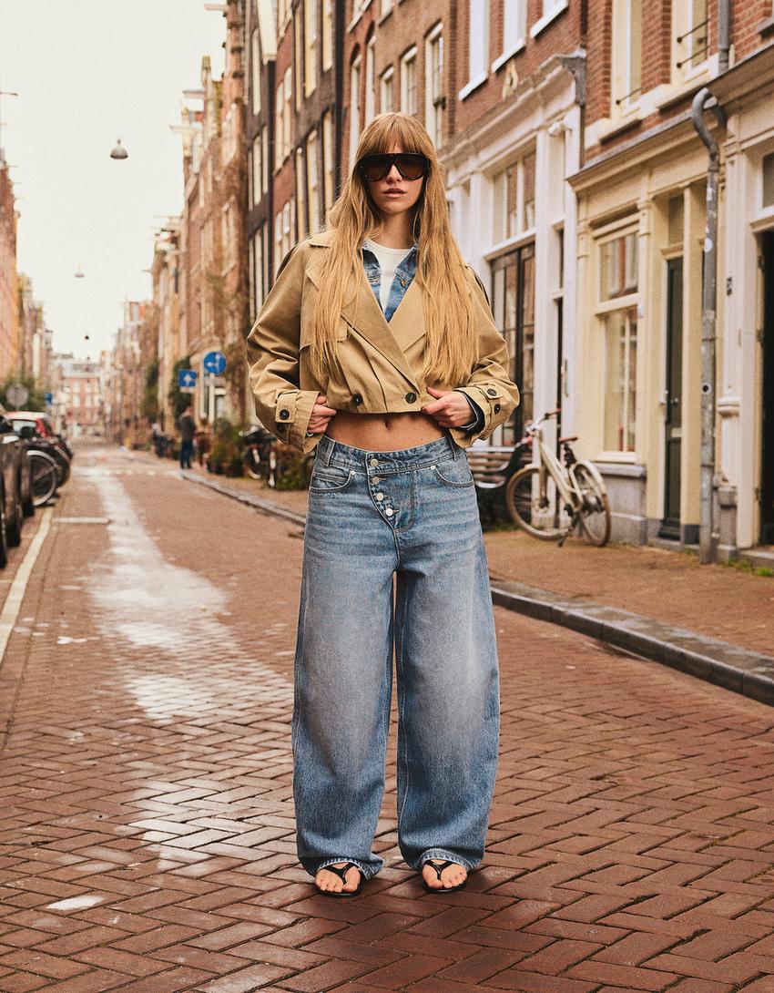 Jeans Wide Leg Barrel Taille Basse Boutons Frontaux