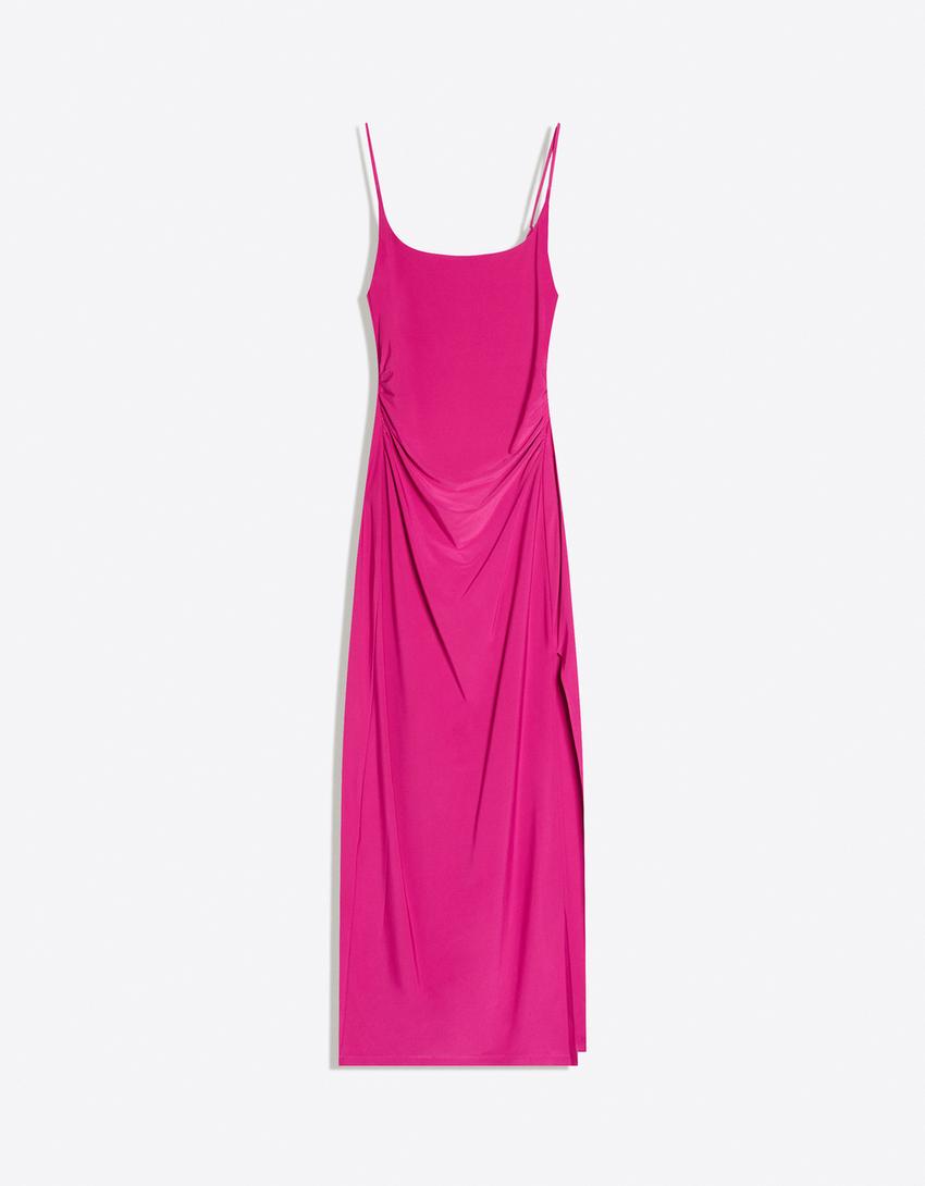 Robe Midi À Bretelles Froncée