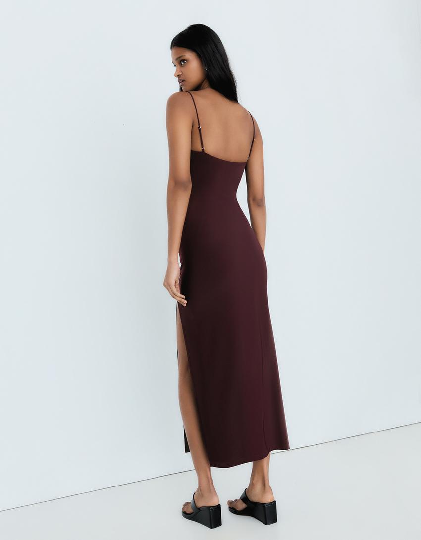 Robe Midi À Bretelles Froncée