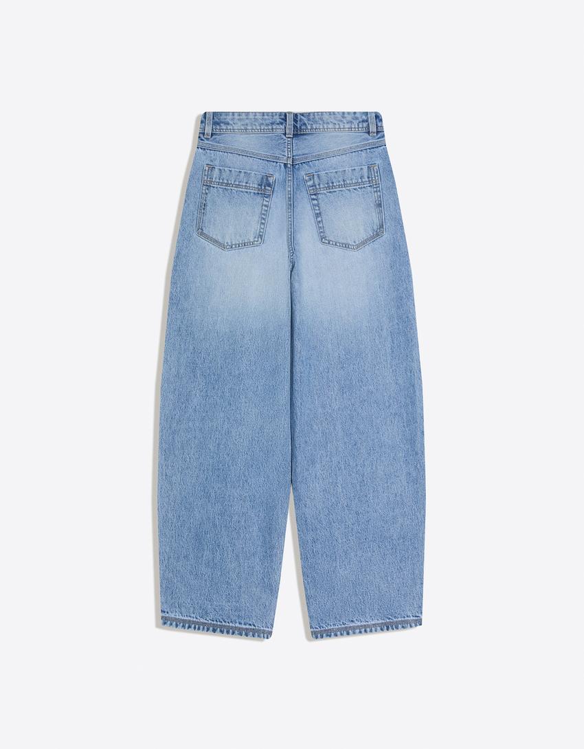 Jeans Wide Leg Barrel Taille Basse Boutons Frontaux