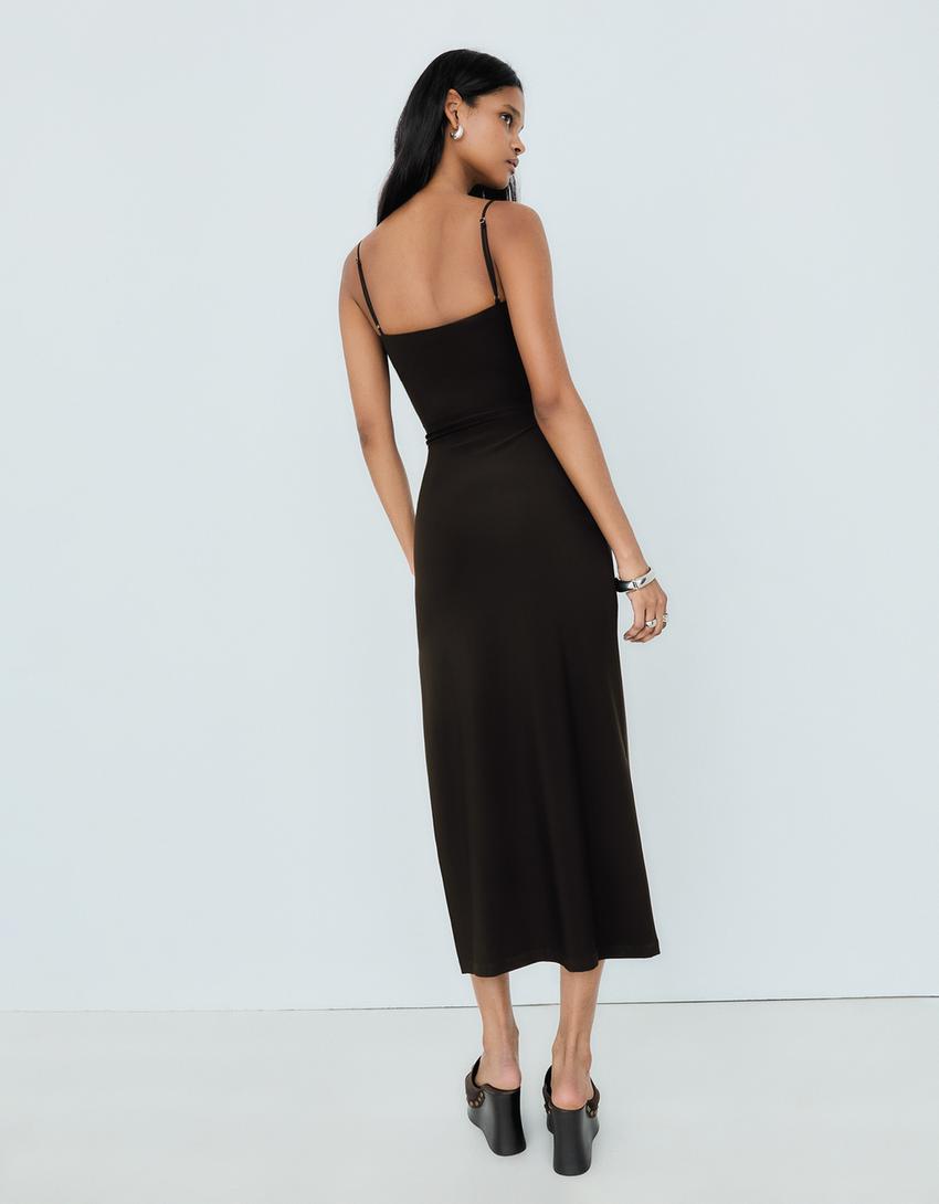 Robe Midi À Bretelles Froncée