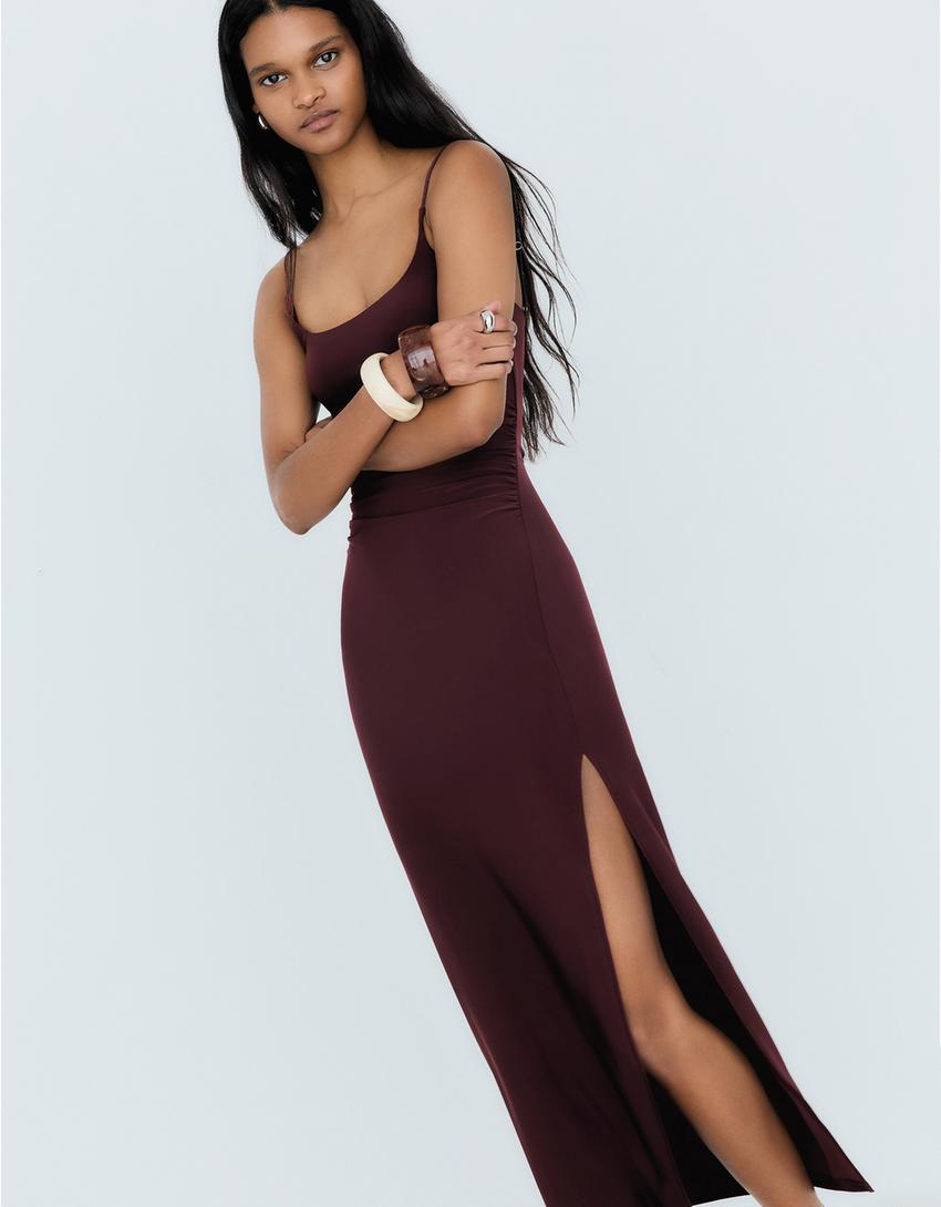Robe Midi À Bretelles Froncée