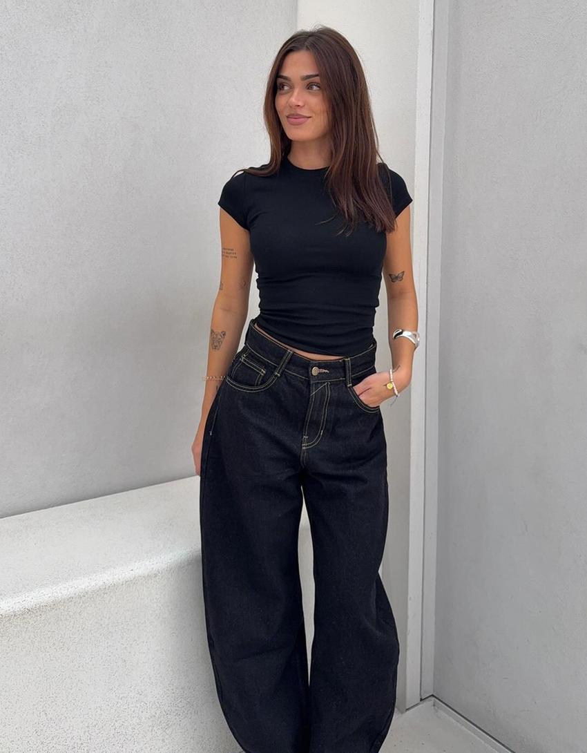 Jeans Wide Leg Barrel Taille Haute