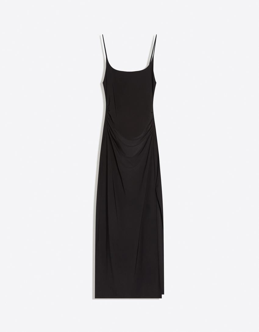 Robe Midi À Bretelles Froncée