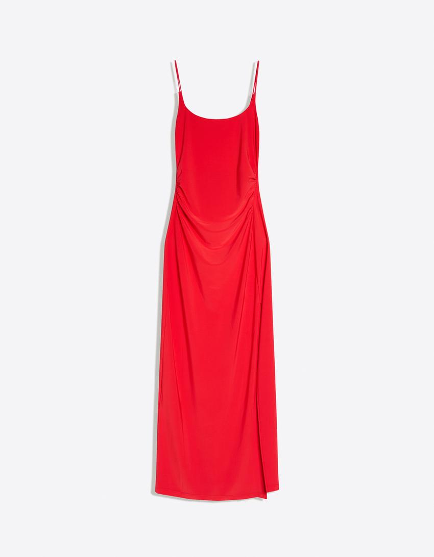 Robe Midi À Bretelles Froncée